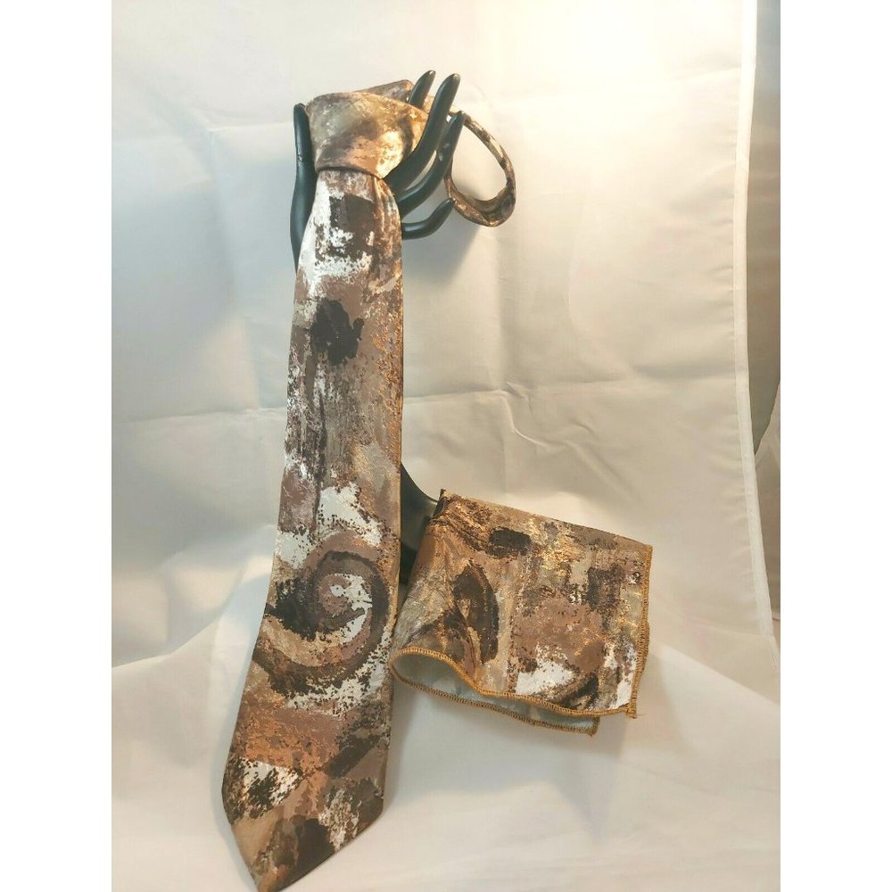 Vtg Gianno Set Tie w/matching Pocket Square Handkerchief Gold Browns abstract